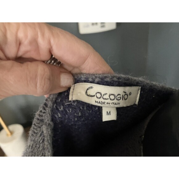 COCOGIO Knit Sweater Cardigan Thick Soft Chunky Gray Navy Flowers Roses Sz M - Picture 3 of 6